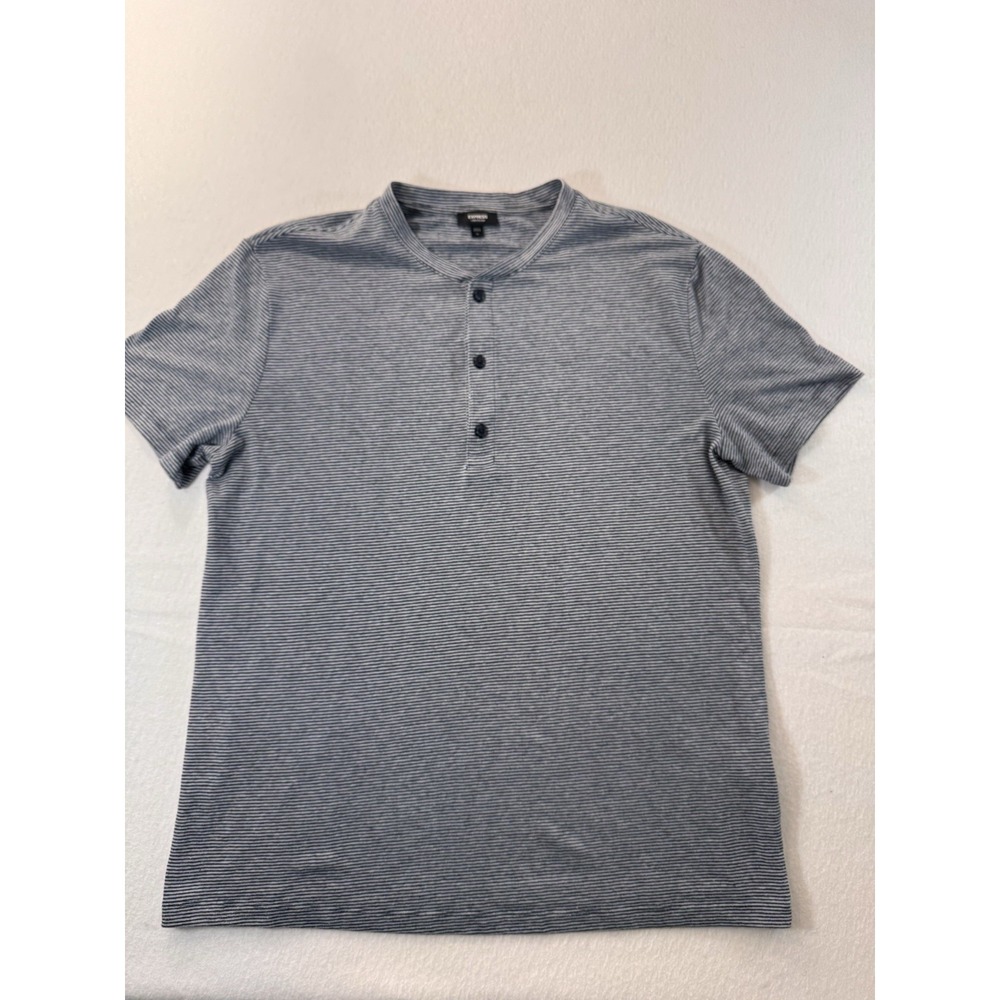 Express Mens Striped Henley Linen Blend Medium Blue Short Sleeve Casual Rugged